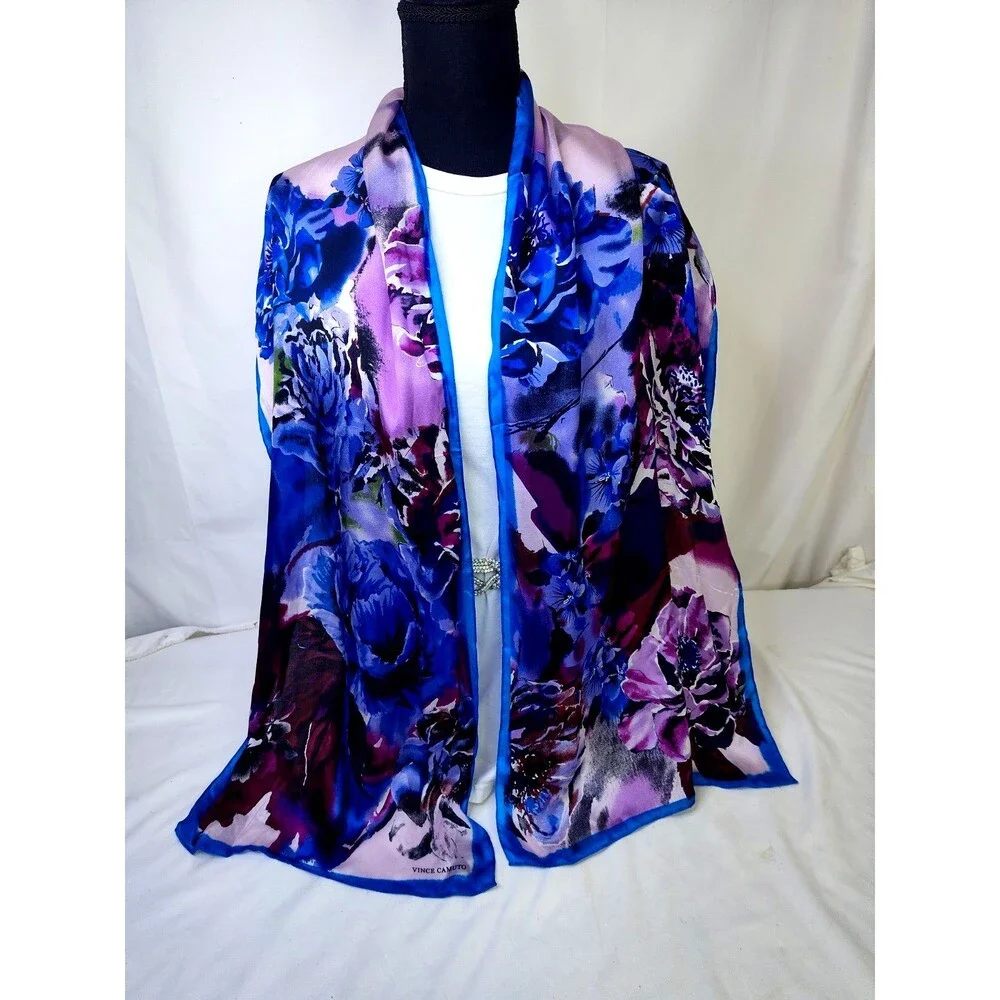 Silk Vince Camuto Watercolor Floral Scarf Wrap Blues White Rectangle 76 X 28 In
